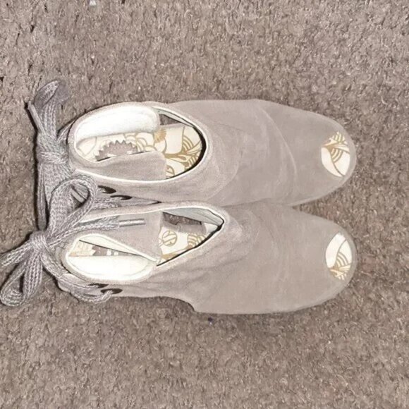 FLY LONDON-Yema-Taupe Suede-Peep Toe Wedges-Lace Back-Sz 36-Excellent - Picture 6 of 7